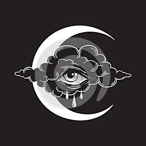 Dripping eye in the cloud with crescent moon, crying skies allseeing eye of god graphic tattoo or print design isolated vector photo