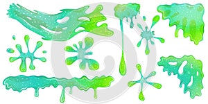 Dripping green goo slimes isolated in set. Slimes are corner and splash, flow of muscus. Green colorful jelly for