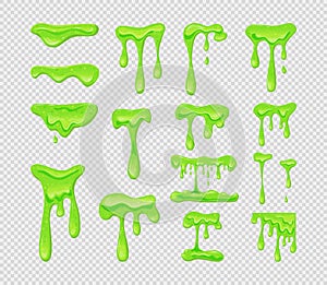 Dripping green slime set.Collection of blots, splashes and smudges. Vector cartoon illustration of sticky liquid