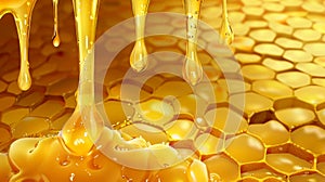 Dripping honey on bee honeycomb background with realistic drops texture. Splashes of yellow syrup and glossy drips with