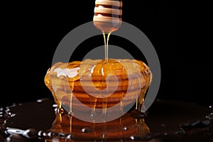 Dripping honey captured on a wooden dipper an invitation to savor natures sweetness