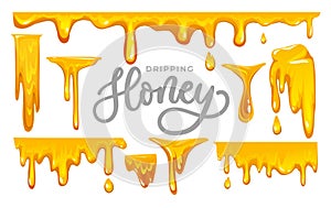 Dripping honey on white background. colorful collection of delicious honey drops. Melted honey isolated on white background. photo