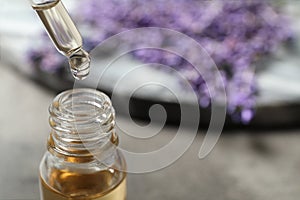 Dripping lavender essential oil into bottle, closeup. Space for text