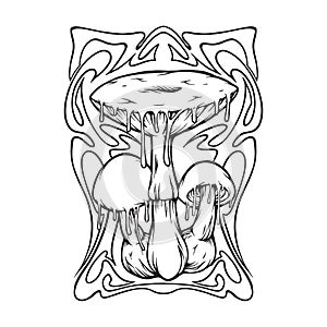 Dripping magic mushrooms hallucinogenic art nouveau frame illustrations silhouette photo