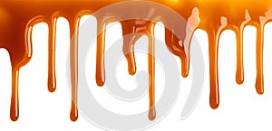 Dripping Melted caramel sauce drops isolated on white background
