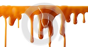 Dripping Melted caramel sauce drops isolated on white background