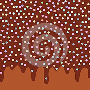 Dripping Melted chocolate Glaze with sprinkles. Brown background for your text. Vector