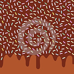 Dripping Melted chocolate Glaze with sprinkles. Brown background for your text. Vector