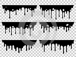 Dripping oil stain. Liquid ink, paint drip and drop of drippings stains. Black resin inked drops isolated vector silhouette set