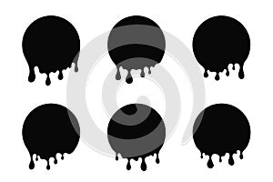 Dripping paint, liquid stains. Oil or paint drops and splatters. Black round silhouette of melted and dripping chocolate