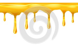 Dripping seamless honey, yellow, dripps, liquid drop and splash, isolated on white, vector and illustration.