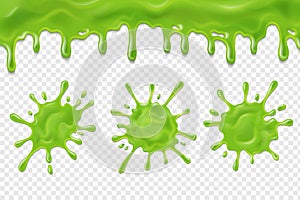 Dripping slime. Green dirt splat, goo dripping splodges of slime. Halloween ooze, mucus vector set