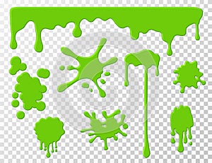 Dripping slime. Green goo dripping liquid snot, blots and splashes. Cartoon slime splodges vector set