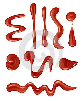 Dripping tomato. Barbecue liquid red sauce ketchup splashes decent vector illustrations collection set