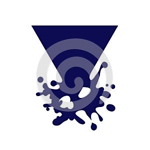 Dripping triangle dark blue icon. Liquid paint flows. Melted logo. Current paint, stains. Mockup of blank. Template ink triangular