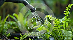 Dripping water droplets from a watering can providing nourishment to a group of vibrant tropical ferns