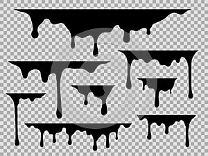 Drips. Dripping liquid black paint, current drops stains graffiti silhouette fluid trickles, drip melt flows oil, vector photo