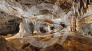 Dripstone cave created with Generative AI. Stalagmites growing from the rocks.