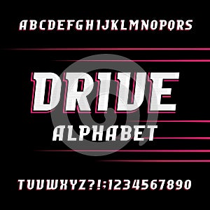 Drive alphabet vector font. Oblique letters and numbers.