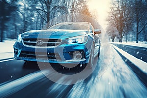 Drive with caution, Blue car speeds on snowy road, snowflakes and motion blur