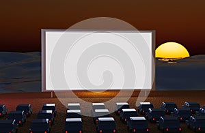 Drive in cinema with cars at night on the beach. 3d render. screen mock up