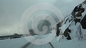Drive at the E10 during a blizzard, Norway