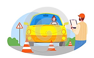 Drive exam illustration. Student riding car on parking road