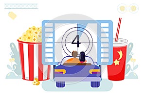 Drive-in movie theater with open air parking flat style Movies vector illustration