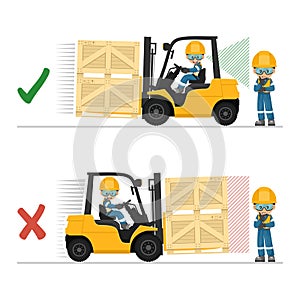 Drive in reverse if the load obstructs vision. Safety in handling a fork lift truck. Security First. Accident prevention at work.