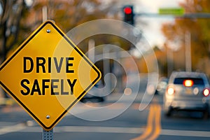 Drive safely yellow road sign closeup with street in background