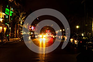 Drive scene at night lights, Miami beach, Florida.