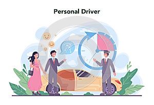 Drive service concept. Automobile cab with driver inside. Personal driver