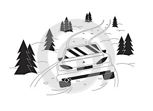 Drive in snow blizzard forest black and white cartoon flat illustration