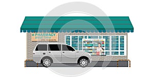 Drive Thru pharmacy with customer a purchased product at a drive thru line