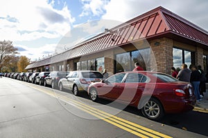 drive-thru window with long line of hungry customers waiting to place their order