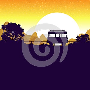 Drive a van Road background sunset silhouettes on the Mountain and tree. twilight. Vector. Illustrator