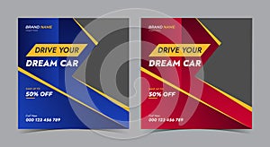 drive your dream car. car rent social media post. car rental promotion flyer template