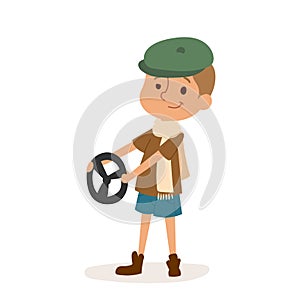 Driver boy car rudder cute cartoon vector profession character person childhood uniform worker isolated illustration