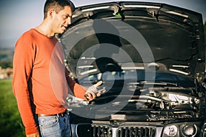 Driver call road assistance car mechanic service via mobile phone