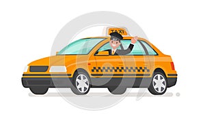 Driver is driving a taxi car. Yellow cab. Vector illustration