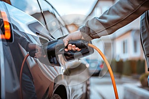 The driver of the electric car inserts the electrical connector to charge the batteries. Unrecognizable man attaching