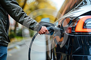 The driver of the electric car inserts the electrical connector to charge the batteries. Unrecognizable man attaching