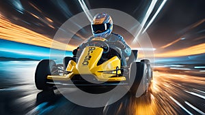 Driver go-kart. Motorsports competition. Dark background go-kart in motion. Generative AI