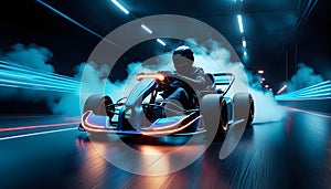 Driver go-kart. Motorsports competition. Dark background go-kart in motion. Generative AI