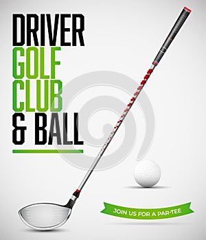 Driver golf club and ball with shadows on white background photo