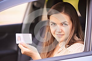 Driver lesson student. Happy joyride people. Person in car