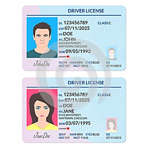 Driver license or ID card with man and woman photo. Identification  document template. Vector illustration