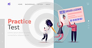 Driver License Landing Page Template. Characters Study in School Learning Drive Car, Pass Exam Get Permission for Auto