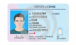 Driver license with male photo. Identification or ID card template. Vector illustration