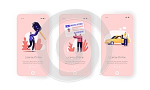 Driver License Mobile App Page Onboard Screen Template. Tiny People Study in School Learn Drive Car. Permission for Auto